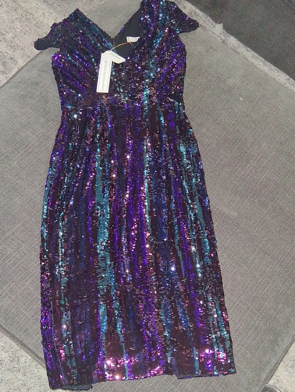 NWT Dress The Population Size Medium Iridescent Purple Teal Sequin Midi Dress - Picture 2 of 13